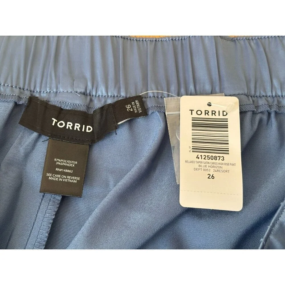 NWT Torrid Womens Size 26 Relaxed Taper Satin Cargo High Rise Pant Blue Horizon